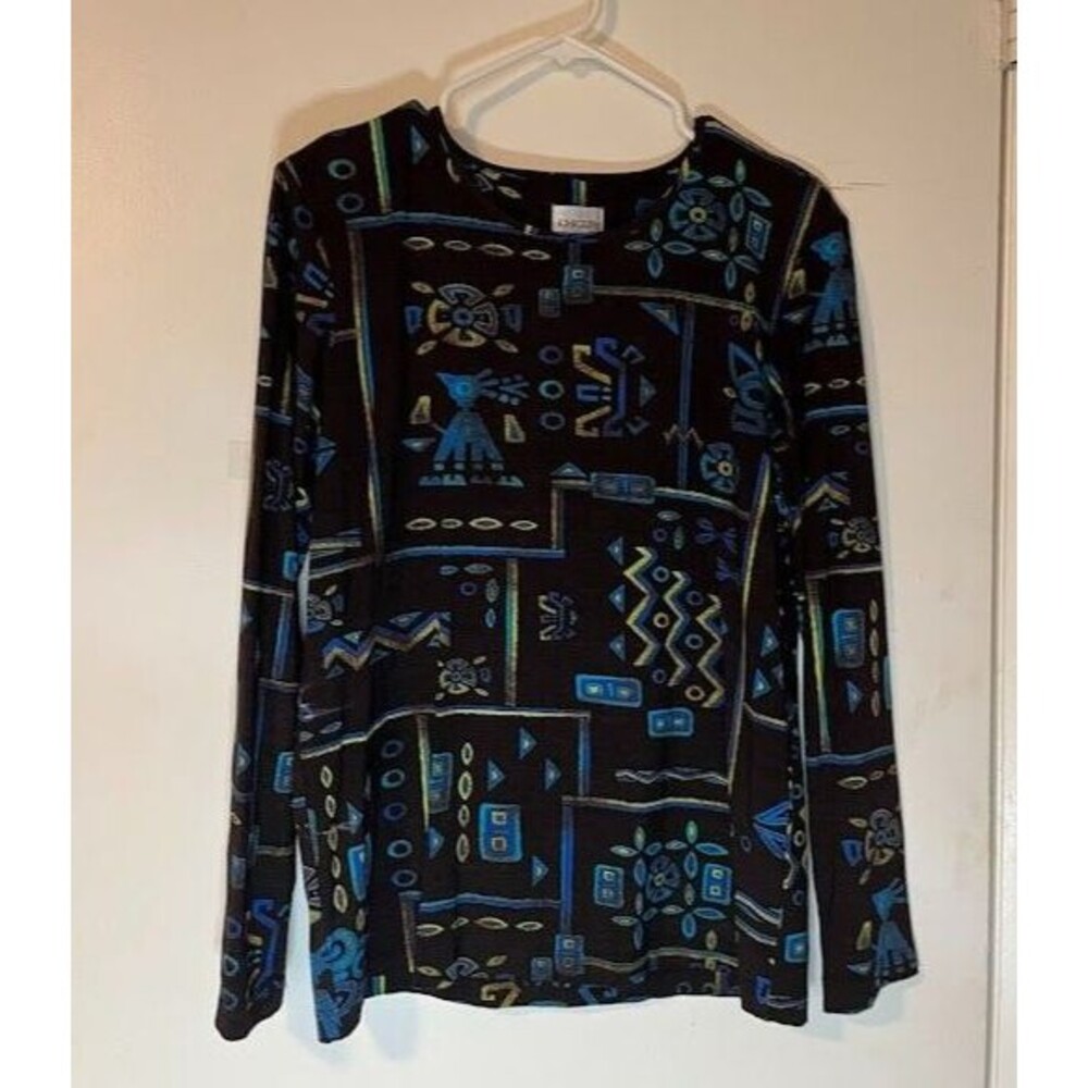 Chico's Top S Black Egyptian Style Print Long Sleeve Business Casual Aztec